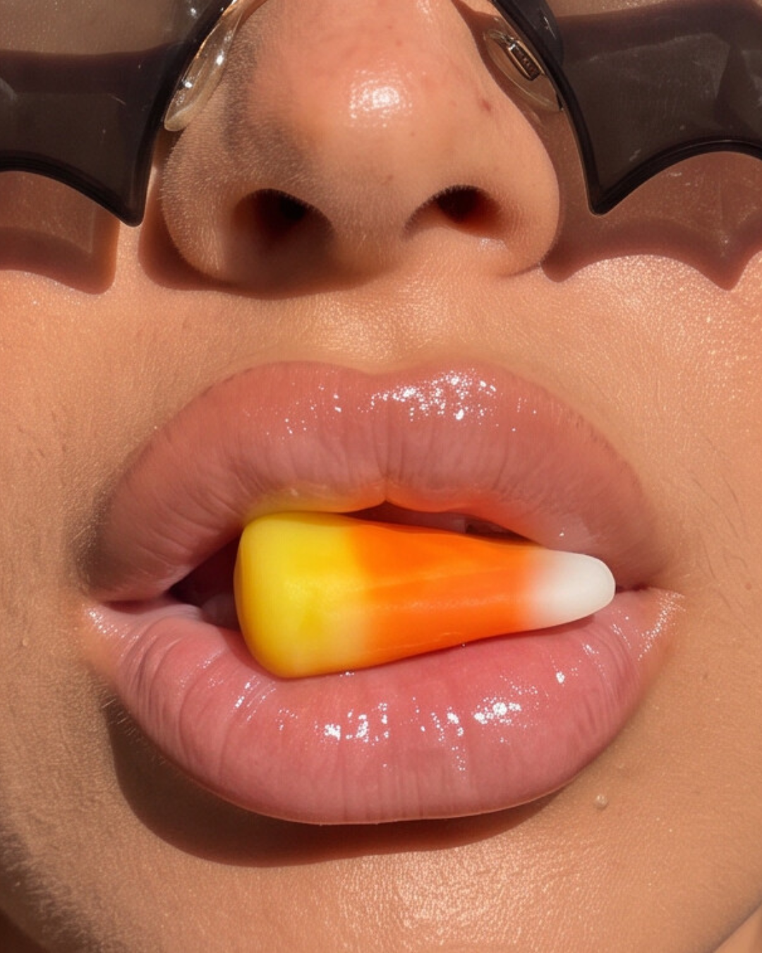 Close-up of glossy lips holding a piece of candy corn, with bat-shaped sunglasses