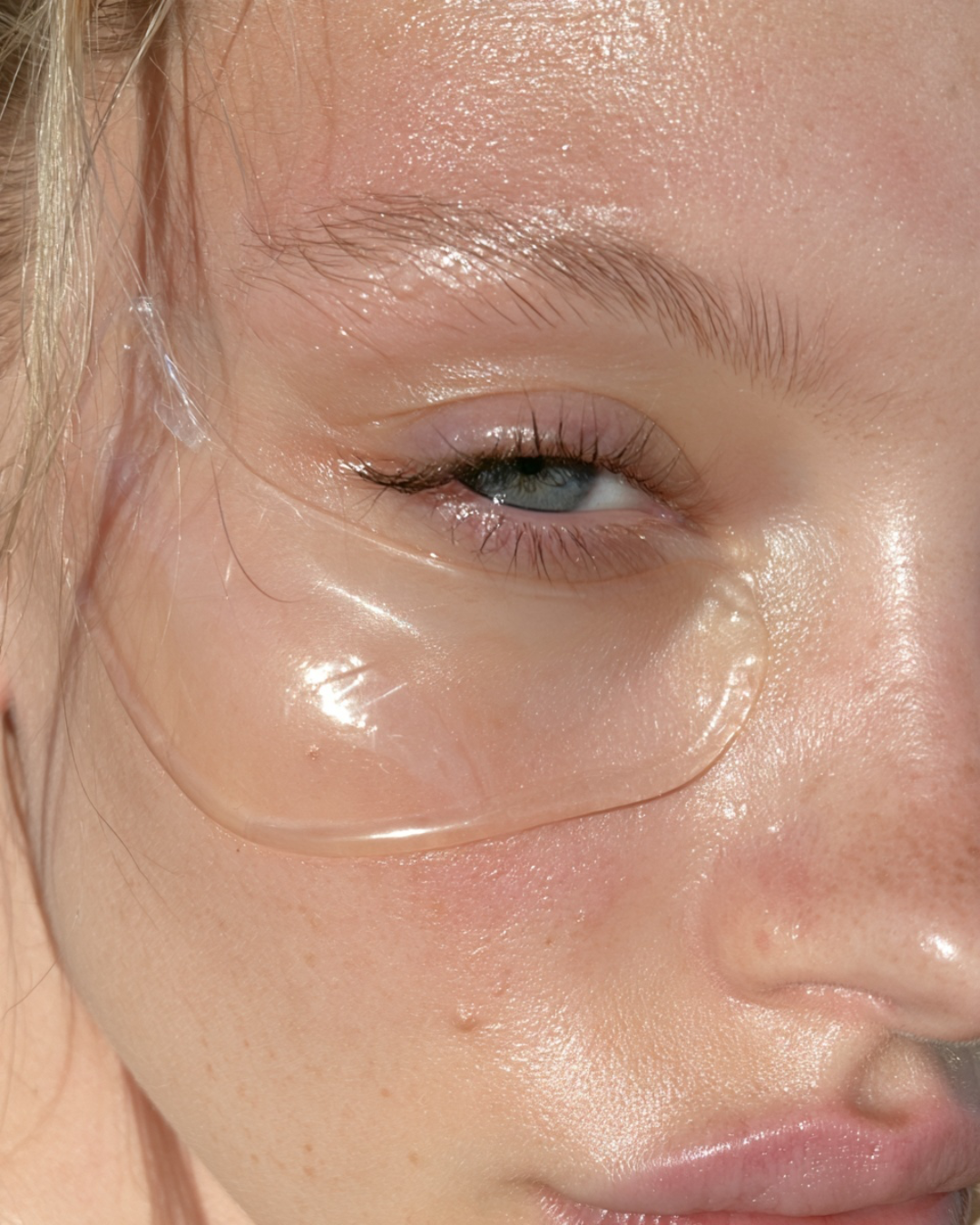 Close-up of dewy, hydrated skin with a clear gel under-eye patch