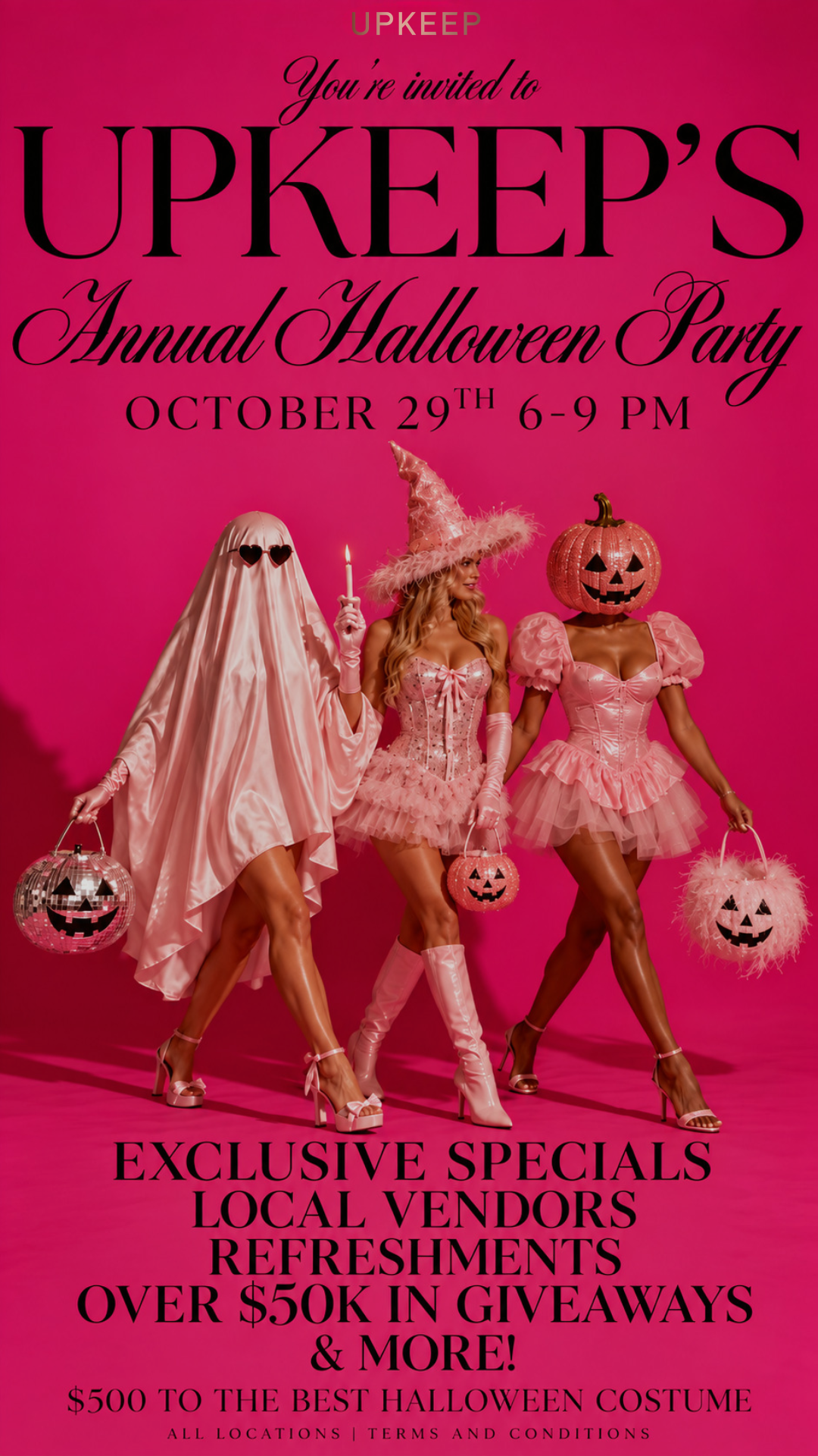 UPKEEP's Annual Halloween Party flyer — October 29, 6 to 9 PM, all locations: exclusive specials, local vendors, refreshments, over $50K in giveaways, and $500 to the best Halloween costume