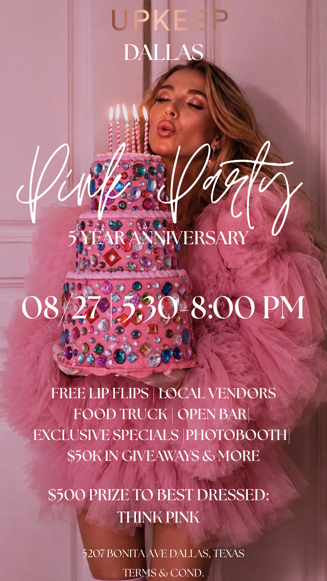 UPKEEP Dallas Pink Party 5 Year Anniversary flyer — August 27, 5:30 to 8:00 PM, 5207 Bonita Ave, Dallas, TX
