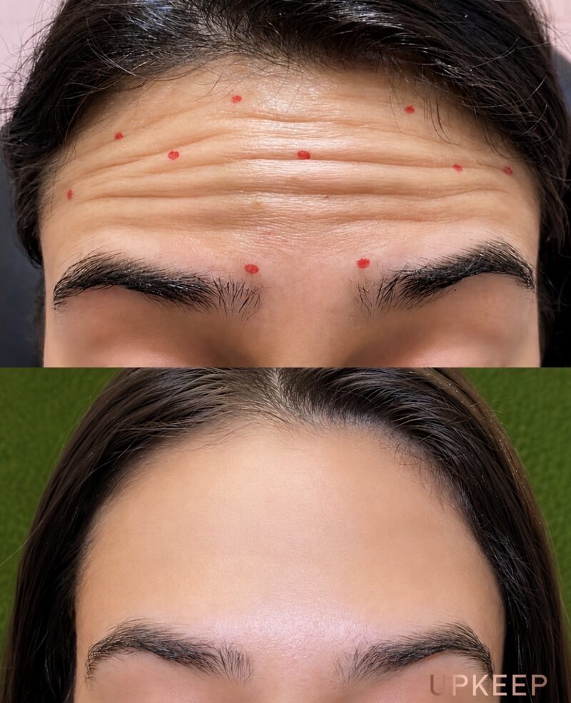 Forehead lines before and after neurotoxin treatment, with injection points marked in the before photo